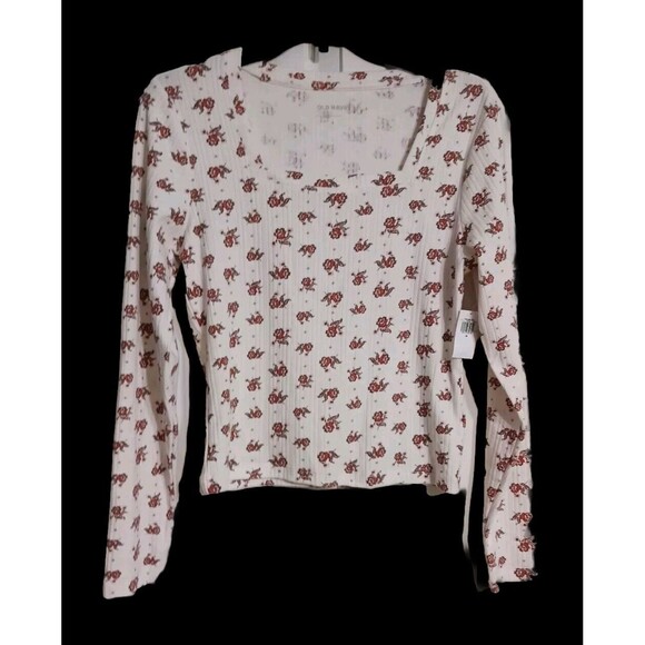 NWT Women's Old Navy Fitted Square Neck Rib Knit Tee Size XXL 20 Orange Floral - Picture 1 of 4